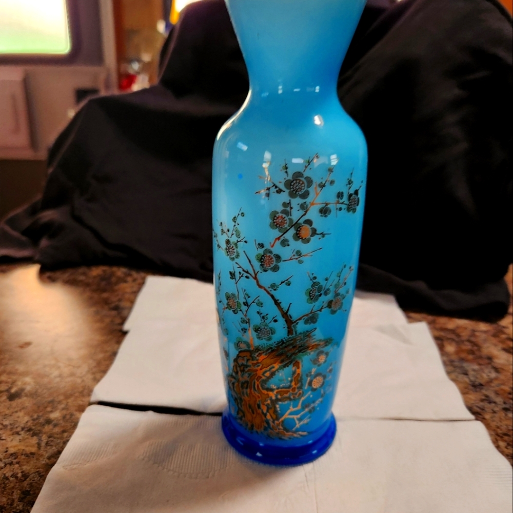 Blue glass cherry blossom vase